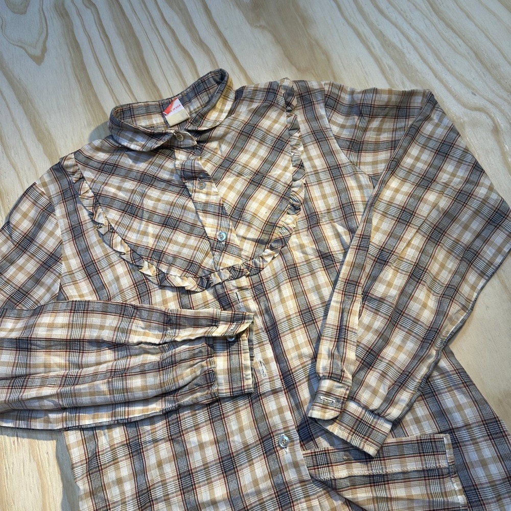 Stone Harbor Women's Vintage Plaid Ruffle Bib Button Down Shirt Brown Size 34